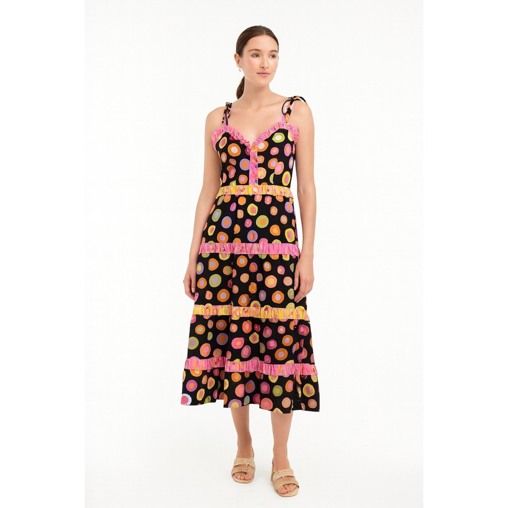 NWT CeliaB Dalia‎ Tiered Polka Dot Midi Dress Black Ruffle Medium